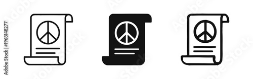 Peace Treaty Document Icon Set. Scrolled paper with a peace sign, symbolizing agreement and harmony.