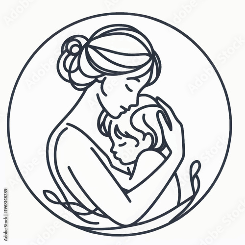 Minimalist Mother and Child Line Art Logo. Elegant Maternal Embrace Icon for Parenting, Family, and Care Concept Design.