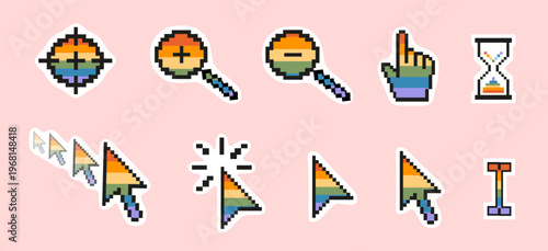 Pixel art retro computer cursor sticker pack in rainbow pride colors. Inclusive 8-bit nostalgic LGBTQ UI elements with white borders. Mouse pointers, hourglass, magnifying glass. Vector illustration.