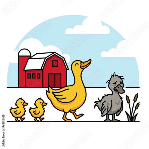 A stylized composition showing a proud mother duck (yellow) and her fluffy ducklings ignoring a larger, awkward grey duckling who is standing alone with a sad expression. 