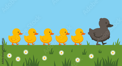 A row of five identical, bright yellow, circular ducklings waddling in a straight line, followed by a significantly larger, dark grey, slightly clumsy-looking duckling. Flat, graphic green grass with 