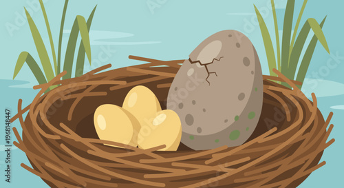 A close-up flat vector illustration of a nest with several small, perfectly oval, light-yellow eggs and one much larger, slightly greyish, speckled egg beginning to crack. Simple green reeds