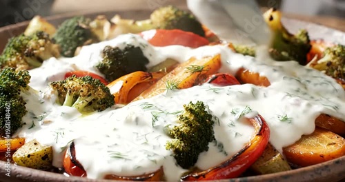 Roasted vegetables with white sauce.