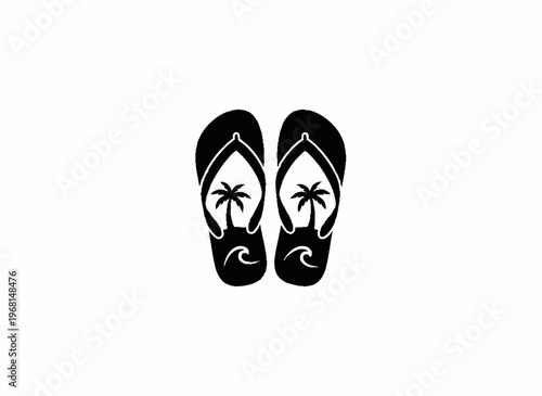 Ocean-Themed Flip-Flops: A minimalist, high-contrast illustration presents a pair of stylish flip-flops, adorned with ocean and palm tree motifs.