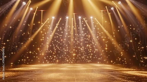 Golden stage lights with spotlight and sparkling backdrop for performance opening