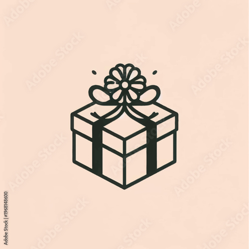 Minimalist Hand-Drawn Gift Box Icon. Cute Line Art Present Doodle with Ribbon Bow on Pastel Background.