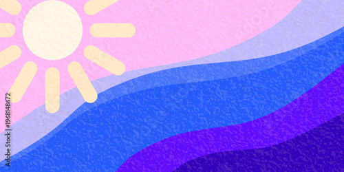 Summer sea sun vector background. Abstract sunset illustration with textured waves, pink sky, yellow sun. Minimalist coastal landscape for vacation banner, poster with grain texture.