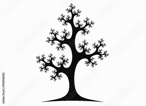 Fractal Tree Illustration: A striking black fractal tree, its intricate branches and leaves reaching upwards. An artistic representation of nature's mathematical beauty.