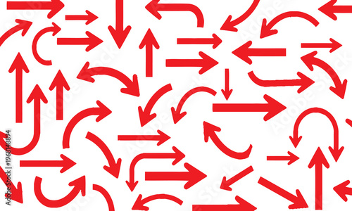 Chaotic red arrows pattern a dynamic and directional abstract design with multiple arrowheads