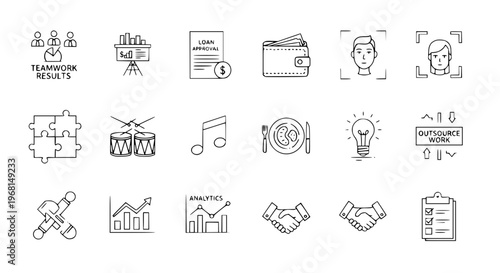 Business Web Icon Set with Teamwork Loan Wallet Face Recognition Puzzle Creative Idea Vector