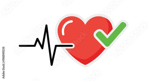 Vibrant red heart icon with an integrated green checkmark and a dynamic electrocardiogram line signifying robust cardiovascular health and overall
