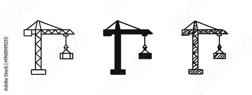 Construction Crane with Load Icon Set - Building, Industrial, and Heavy Machinery Symbols