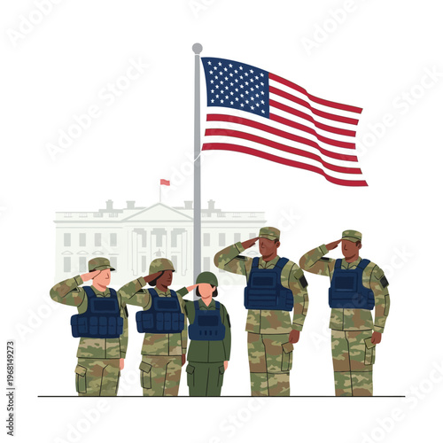 American soldiers saluting the flag in front of White House in clean vector illustration style