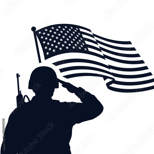 American soldier silhouette saluting with USA flag on white background minimalist vector illustration