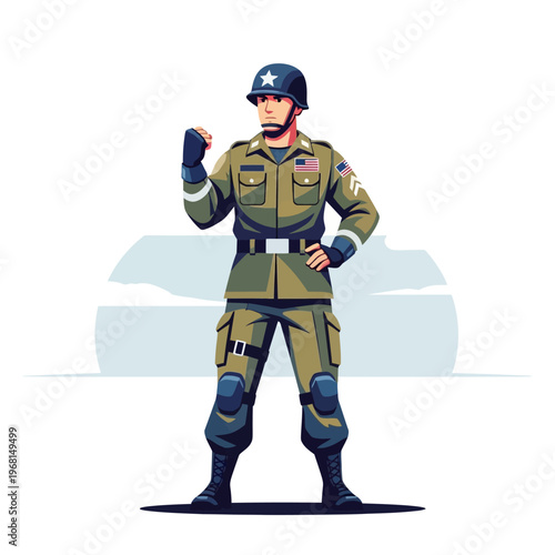 American Soldier Standing Proudly in Uniform on White Background High Quality Vector Art Illustration