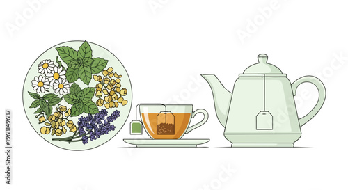 Holistic Herbal Infusion Preparation Featuring Fresh Botanicals and Serene Teatime Elements. This illustration showcases the elements of crafting a