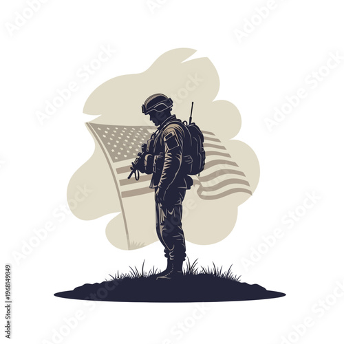 American soldier standing in tribute with bowed head in front of the US flag high-quality vector illustration