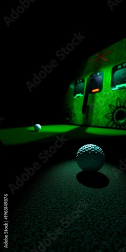 Shadows cling to a white golf sphere, a single mark a beacon in the gloom, simulator hinted beyond the emerald barrier,  white,  dark