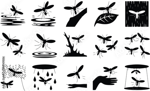 Mosquito Silhouette Icon Collection Set