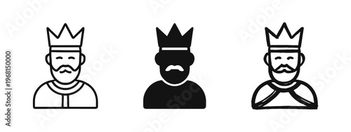 King with Crown and Beard Icon Set - Royal Monarch and Leadership Authority Symbol