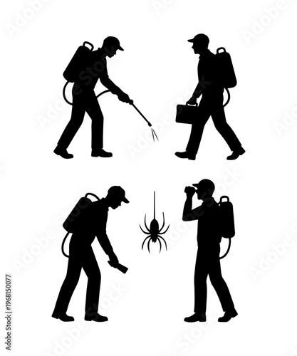 Pest control workers spraying chemicals and inspecting spider
