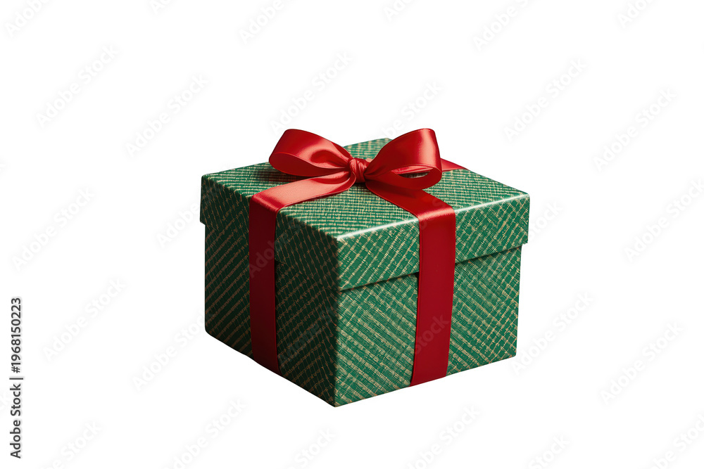 Obraz premium Green gift box with red ribbon and bow, symbolizing celebration, holidays, giving, and special occasions