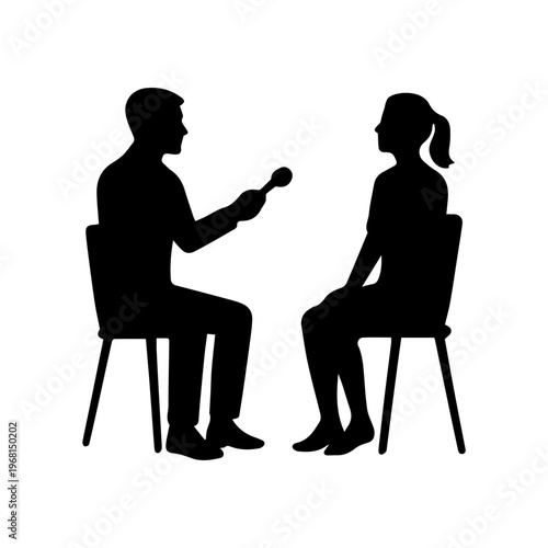 Man interviewing woman with microphone for news podcast in silhouette