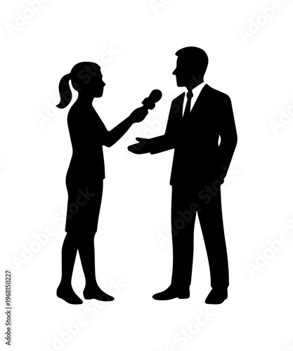 Woman silhouette interviewing man with microphone for news podcast