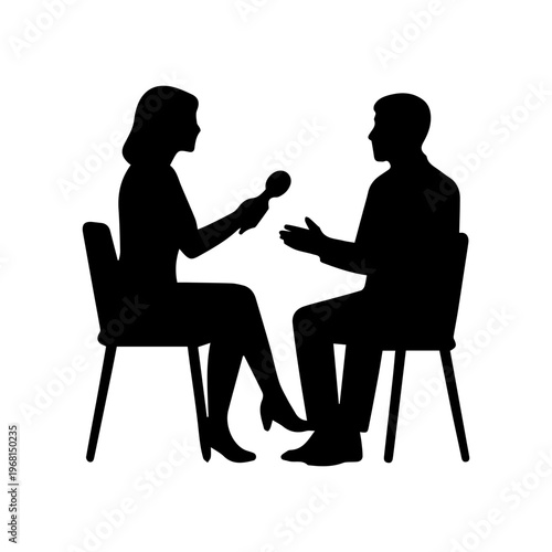 Woman interviewing man with microphone for news podcast