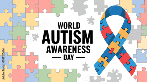 World Autism Awareness Day puzzle pieces colorful ribbon symbol