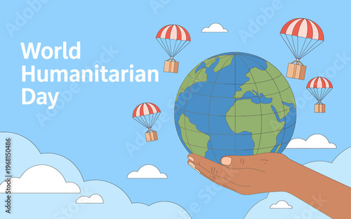 World Humanitarian Day illustration with globe in hand and parachutes delivering aid
