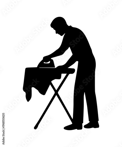 Man performing household chores, ironing clothing on an ironing board