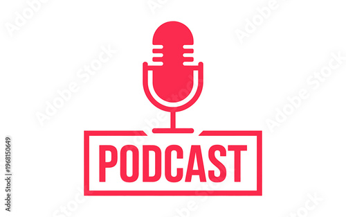 Red microphone symbol with podcast text in rectangle box