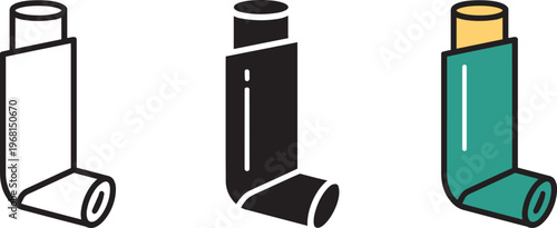 Asthma Inhaler Icons Set: Outline, Solid Black And Colored Vector Illustrations