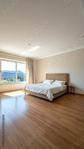 A serene bedroom with a large window and wooden floor
