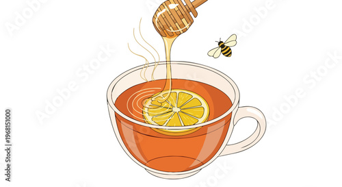 Invigorating Tea Infusion with Bright Lemon, Dripping Golden Honey, and a Buzzing Bee Detail