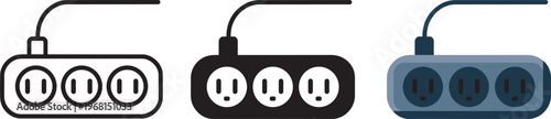 Set Of Three Power Strip Icons In Outline, Silhouette, And Colored Styles