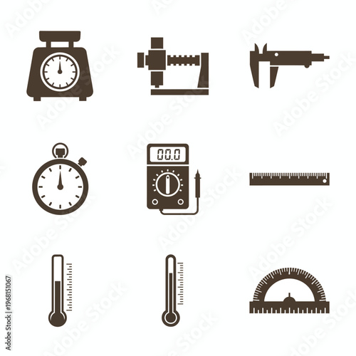 Brown icons of measuring tools equipment.
