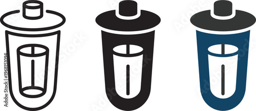 Set Of Three Trash Can Icons In Outline, Solid Black, And Blue Colored Styles