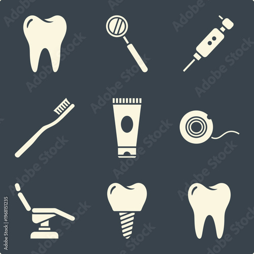 Dental care tools and tooth icons.