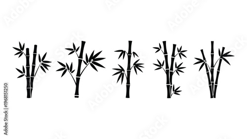 A series of black bamboo stalks and leaves are depicted in a clean minimalist design silhouette high quality professional detailed modern