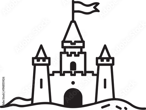 A simple line art illustration of a sandcastle with a flag on top against sandy ground, evoking feelings of childhood, fantasy, and coastal holidays.