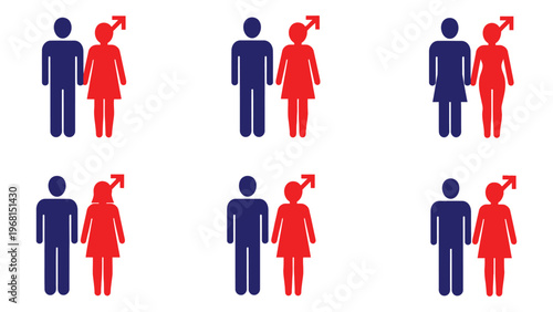 A grid of blue and red human figures with arrow symbols above their heads representing relationships in a bold silhouette