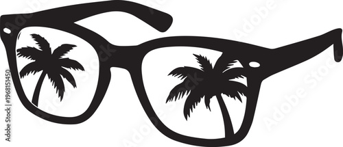 Silhouette of sunglasses, showcasing reflections of tropical palm trees, a minimalist emblem of summer vacation and escape to paradise.