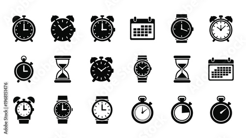 A collection of various timekeeping devices including clocks watches and calendars depicted in stark black silhouette high quality professional detailed modern