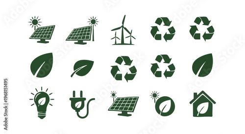 Green energy symbols solar wind power hydroelectric biomass geothermal and recycling solar panel