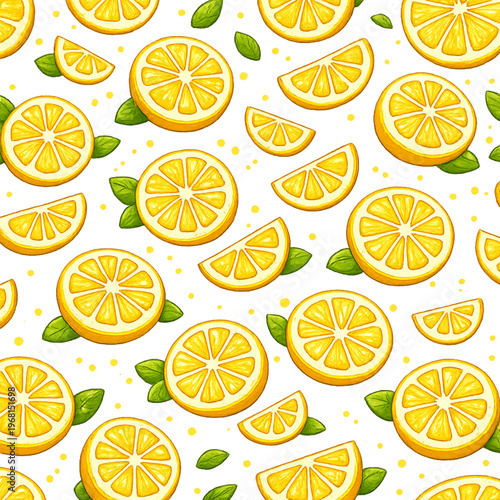 lemon slice pattern, lemon pattern with leaves, citrus fruit pattern, repeating lemon design, fresh lemon slices, lemon seamless pattern, citrus background design, yellow fruit pattern, lemon with gre