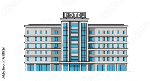 Contemporary multi-story hotel illustration featuring sleek design, numerous rooms, and prominent signage, perfect for travel, hospitality, and