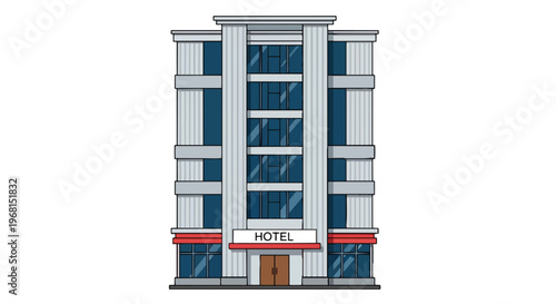 A detailed front view illustration of a modern multi-story hotel building showcasing prominent architectural features large windows and a clear