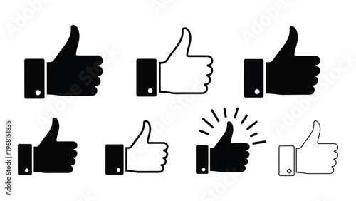 A collection of six hand gestures displaying a thumbs up sign with varying fills and a burst effect silhouette high quality